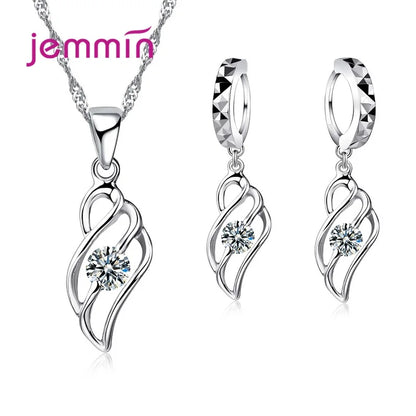 925 Sterling Silver Trendy Crystal Pendant Necklace Earrings Jewelry Set For Women Girls Wedding Engagement Fashion Jewelry