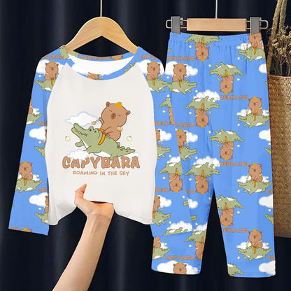 Capibara Pajamas Pants Set Kids Anime Capybara Nightgown Trousers Girls Boys Spring Autumn Home Clothes Children Long Sleeves