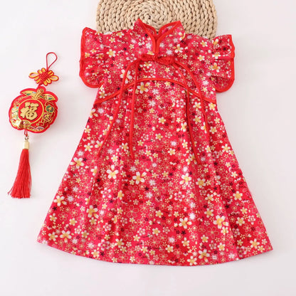 Fashion Red Girls Dresses Casual Perform Outfit Baby Qipao Chinese Dress Summer Kids Cheongsams Costume Vestido Girl Clothes