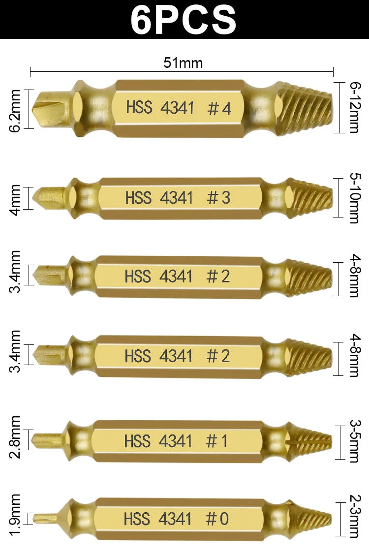 6PCS Damaged Screw Extractor Drill Bit Set Stripped Broken Screw Bolt Easily Take Out Demolition Tools Remover Extractor