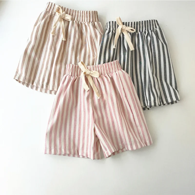 Retro Hemp Cotton Striped Boys' Pants with A Casual and High-end Design Elastic Waist Girls' Clothing Children's Pants