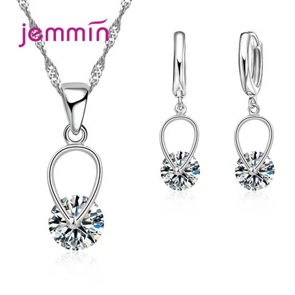 925 Sterling Silver Trendy Crystal Pendant Necklace Earrings Jewelry Set For Women Girls Wedding Engagement Fashion Jewelry