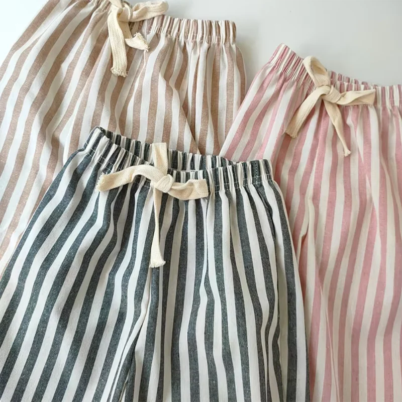 Retro Hemp Cotton Striped Boys' Pants with A Casual and High-end Design Elastic Waist Girls' Clothing Children's Pants