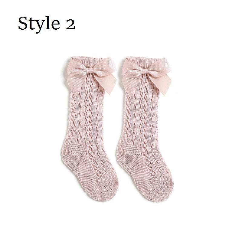 2023 New Kids Knee High Socks Baby Girls Boys Bow Long Sock Soft Cotton Mesh Breathable Children Hollow Out Socken For 0-7 Years