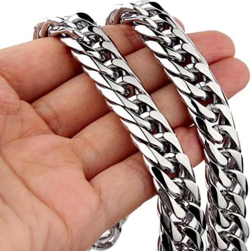 HNSP Stainless Steel Cuban Chain Necklace Bracelet For Men Neck Silver Color 8MM-14MM Thick Long Hand Chains Male Gift