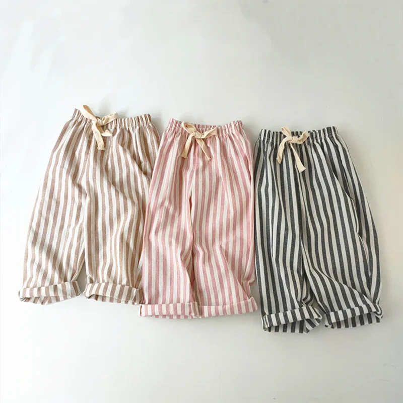 Retro Hemp Cotton Striped Boys' Pants with A Casual and High-end Design Elastic Waist Girls' Clothing Children's Pants