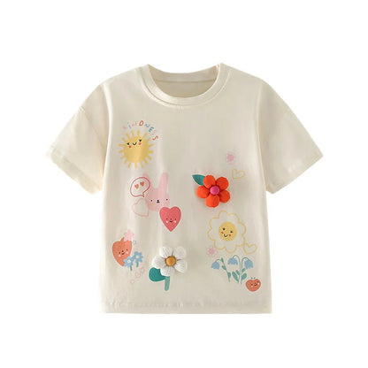 Jumping Meters 3-8T Flowers Kids Tees Hot Selling Cotton Summer Girls Tshirts Baby Clothes Children's Tees Tops