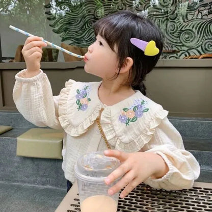 Baby girl doll collar shirt Spring and Autumn new children's Korean version long sleeved embroidered white shirt little girl top