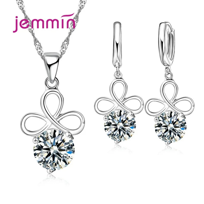 925 Sterling Silver Trendy Crystal Pendant Necklace Earrings Jewelry Set For Women Girls Wedding Engagement Fashion Jewelry