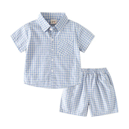 2PCS MILANCEL New Summer Kids Grid Set Turn Down Collar Boys Thin Short Sleeved T-shirt + Short Children Polo Tee Outfit