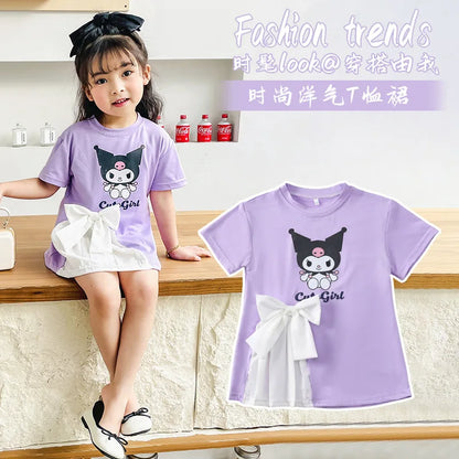 Toddler Girls Short Sleeve T-shirt Cute Sanrio Hello Kitty Kuromi Melody Casual Princess Dress For Party Kids Summer Clothes