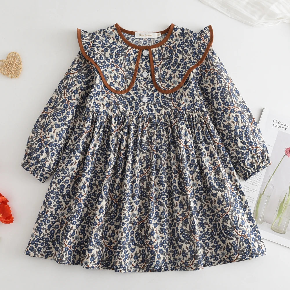 Bear Leader Autumn Spring New Girls' Dress Fashion Cute Doll Neck Flower Print Dress Children's Girls Long Sleeve Princess Dress