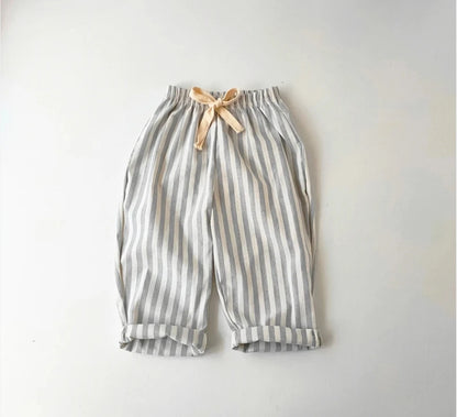 Retro Hemp Cotton Striped Boys' Pants with A Casual and High-end Design Elastic Waist Girls' Clothing Children's Pants