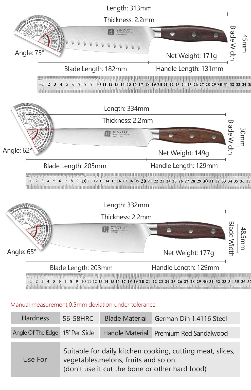 XINZUO High Quality 3.5+5+8+8+8"  Paring Utility Cleaver Chef Knife Germany 1.4116 Stainless Steel 1PCS 5PCS Kitchen Knife Sets