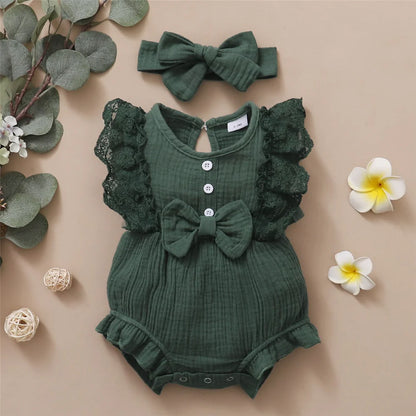 0-18 Months Old Newborn Solid Color Sleeveless Round Neck Lace Edge Bow Romper+Headband Baby Girl Summer New Casual Jumpsuit