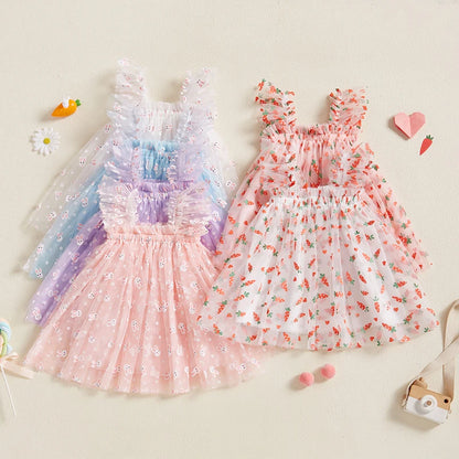 Toddler Girls Sleeveless Dress Easter Outfit Casual Summer Carrot/Rabbit Print Mesh Tulle Dress for Cute Clothes