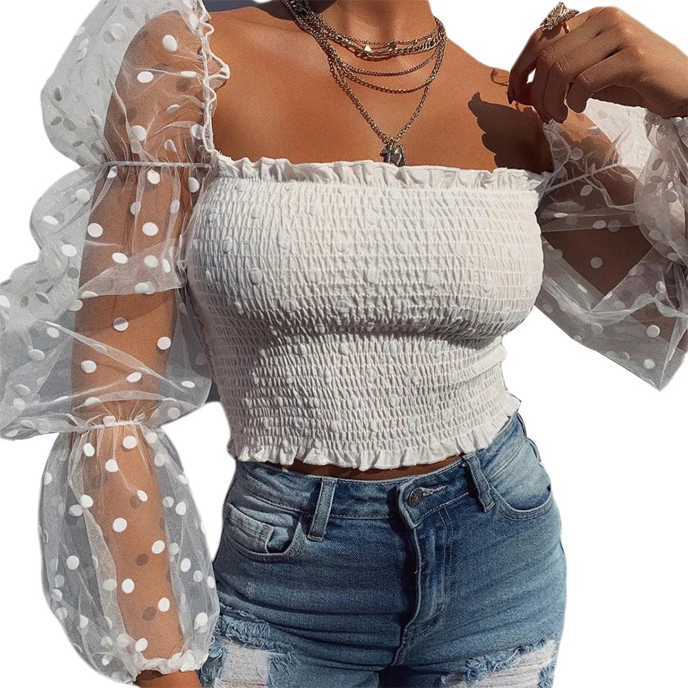 Women Sheer Mesh Blouses Long Sleeve T-Shirts All-matched Popular Clothes Sexy Fshion Summer off shoulder Beach Party Crop Tops