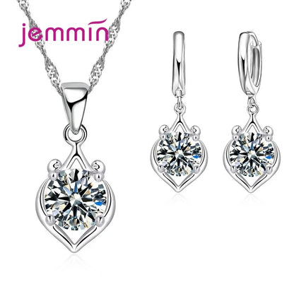 925 Sterling Silver Trendy Crystal Pendant Necklace Earrings Jewelry Set For Women Girls Wedding Engagement Fashion Jewelry