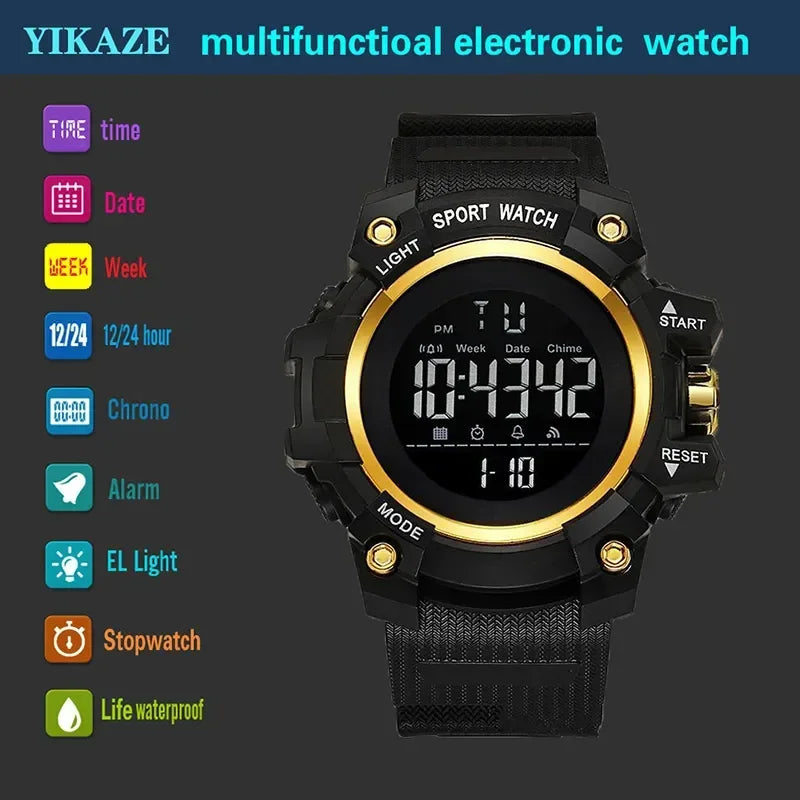 YIKAZE Men's Military Digital Watch Outdoor Men Sports Watch Waterproof Luminous Chronograph Clock Student Electronic Wristwatch