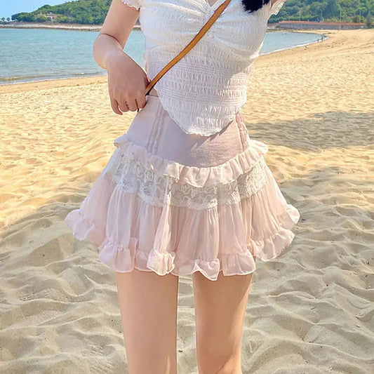 New Fashion Women Acutes Summer Mini Skirts Cute High Waist Lace Patchwork Ruffle Hem A-Line Skirts Club Street Style S M L