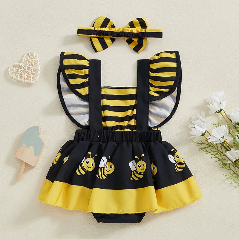 Infant Baby Girl Summer Clothes Ruffle Fly Sleeve Romper Dress Cute Print Playsuits with Headband Summer Outfit