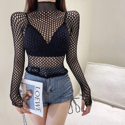 Gothic Sexy Black Fishnet Mesh See Through T-Shirt Women Skinny Goth Hollow Out Long Sleeve Shirts Crop Top Tee Shirt Streetwear