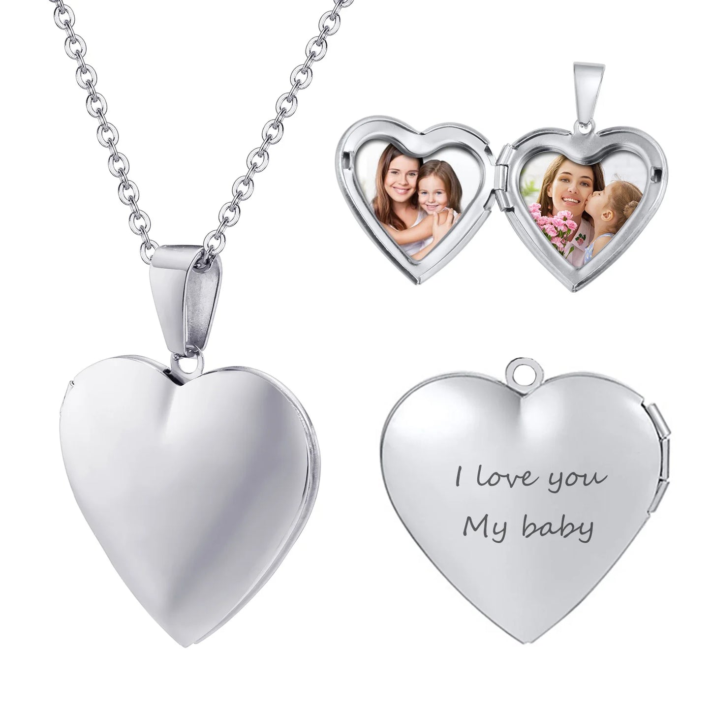 Stainless Steel Jewelry Heart Locket Pictures Memory Photo Custom Name Date Necklace For Women Girlfriend Valentine's Day Gift