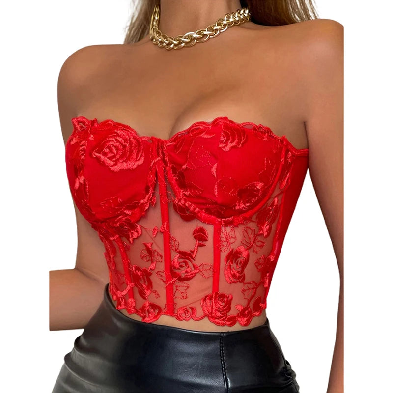 Newest Arrival Women Bustier Tube Tops Embroidery Flower See Through Off Shoulder Tank Tops for Daily Club Party