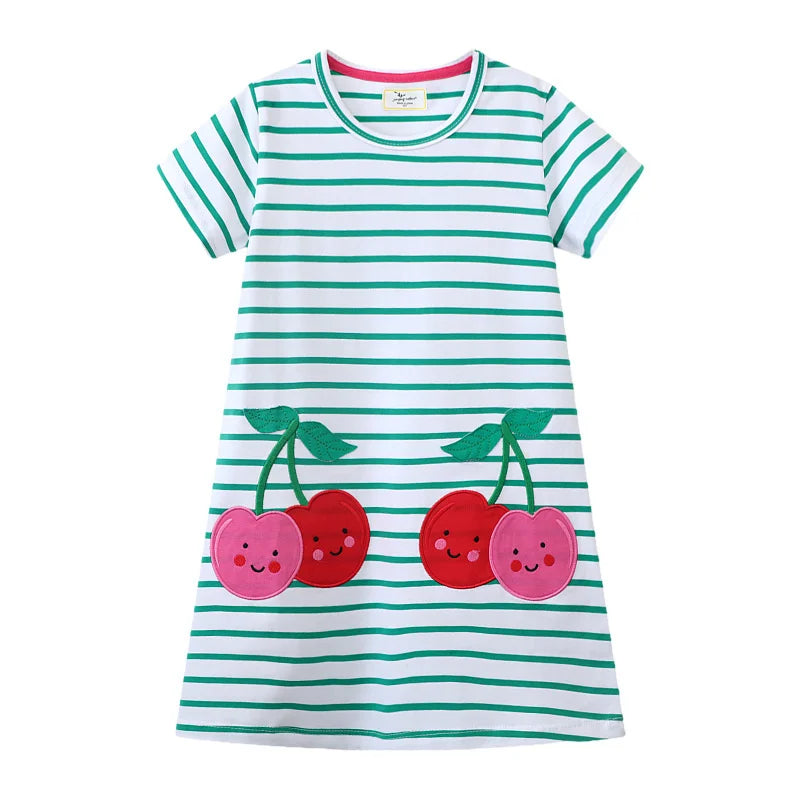 Jumping Meters 2-7T Cherry Embroidery Princess Girls Dresses Clothes Summer Short Sleeve Striped Baby Clothes Birthday Frocks