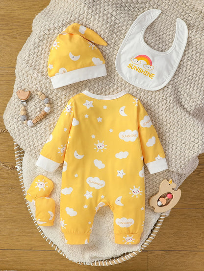 4Pcs Baby Girls Long Sleeve All Seasons Cartoon Deer Open Stitch pastorale Jumpsuit+Bib+Gloves+Hat