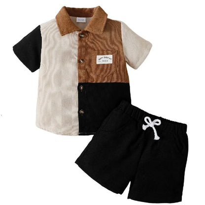 2PCS Clothes Outfit Kids Boy Fashion Color Block Short Sleeve Top+Shorts Summer Gentleman Clothes Set for Children Boy 1-6 Years