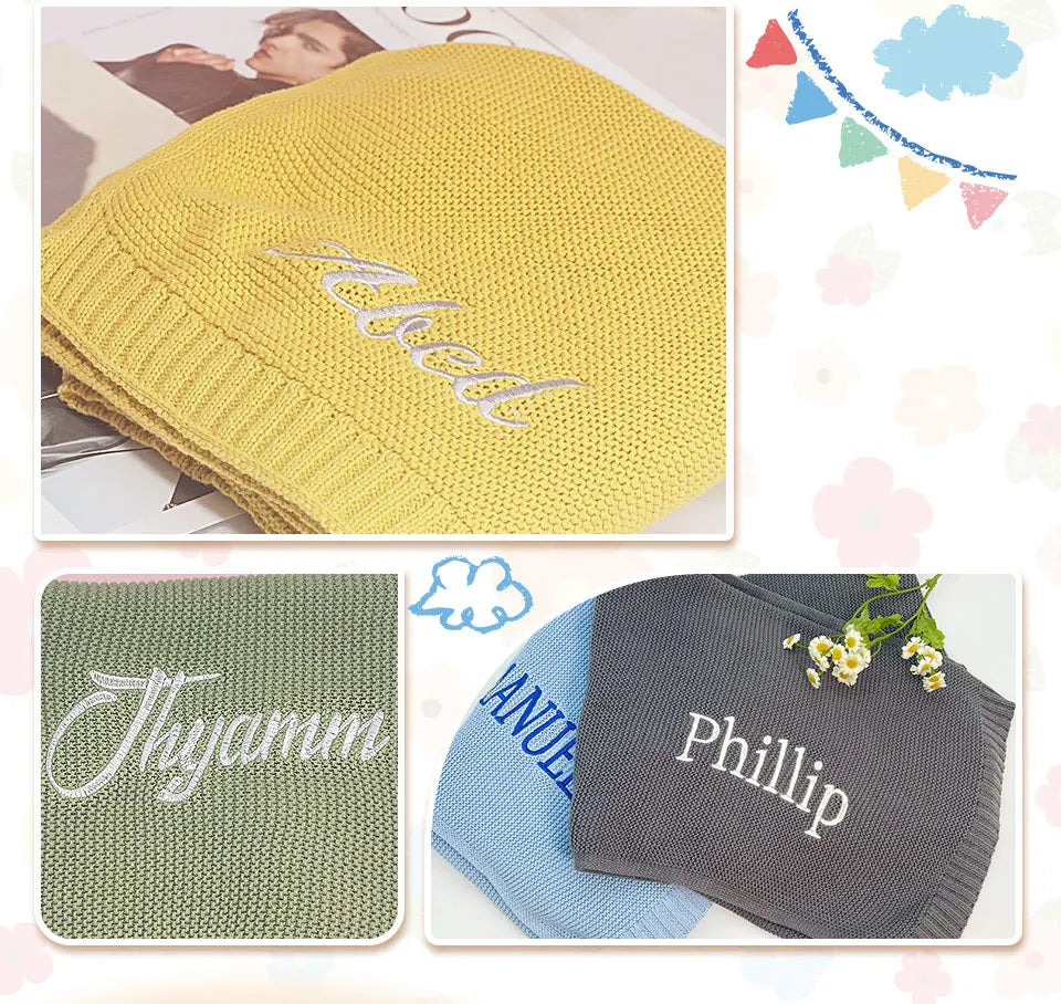 Personalized Knitted Blanket Embroidered Baby Name Stroller Cover Kids Cotton Nap Blanket for Newborn Shower Gifts