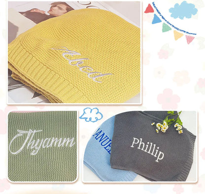 Personalized Knitted Blanket Embroidered Baby Name Stroller Cover Kids Cotton Nap Blanket for Newborn Shower Gifts