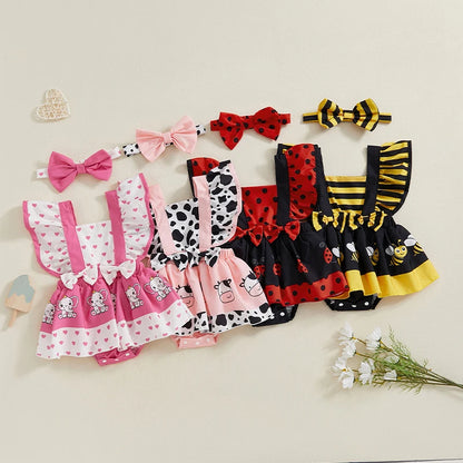 Infant Baby Girl Summer Clothes Ruffle Fly Sleeve Romper Dress Cute Print Playsuits with Headband Summer Outfit