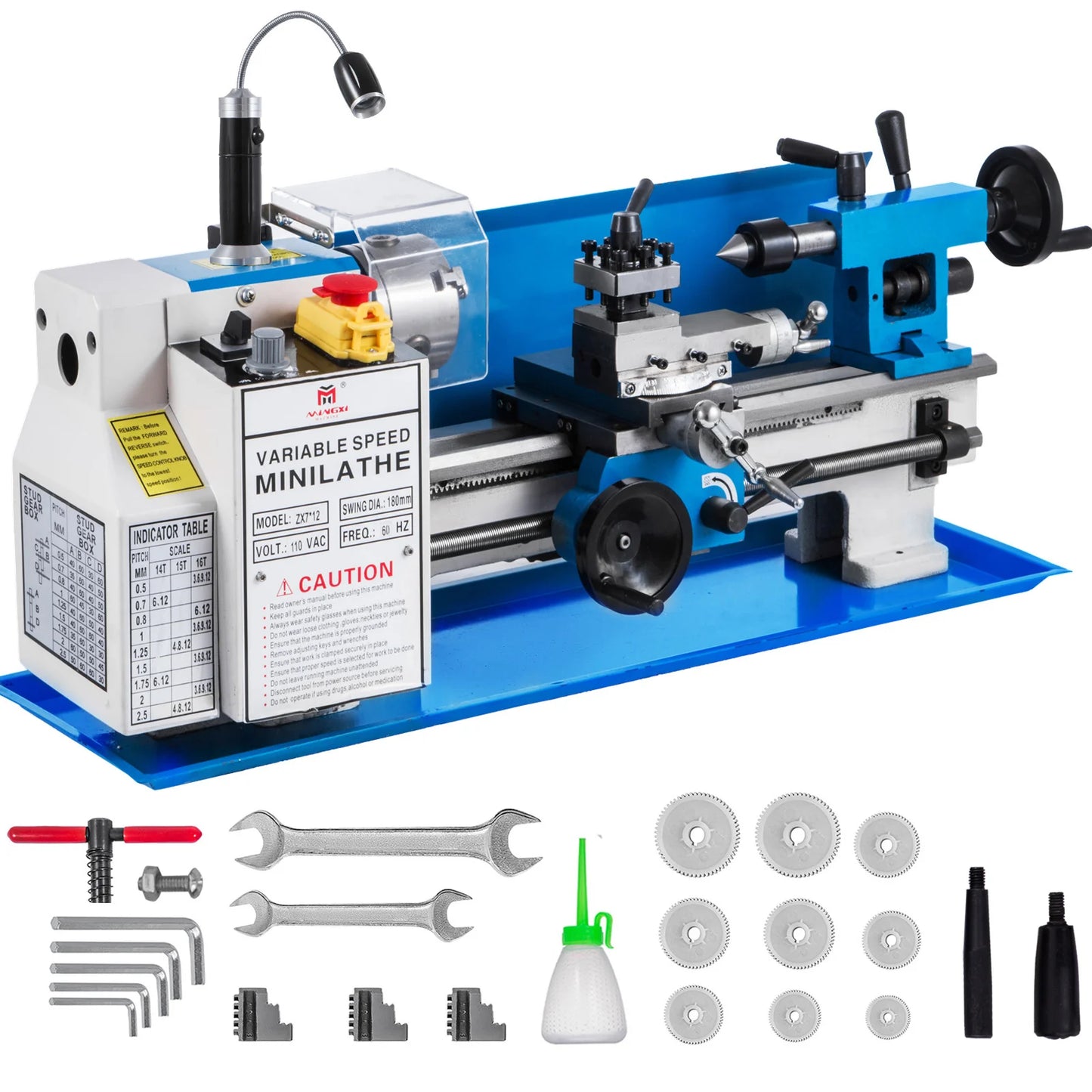 VEVOR Metal Lathe 7x14 / 7x12 inch Precision Bench Top 550W Variable Speed 50-2500 / 0- 2250 RPM Nylon Gear with A Movable Lamp