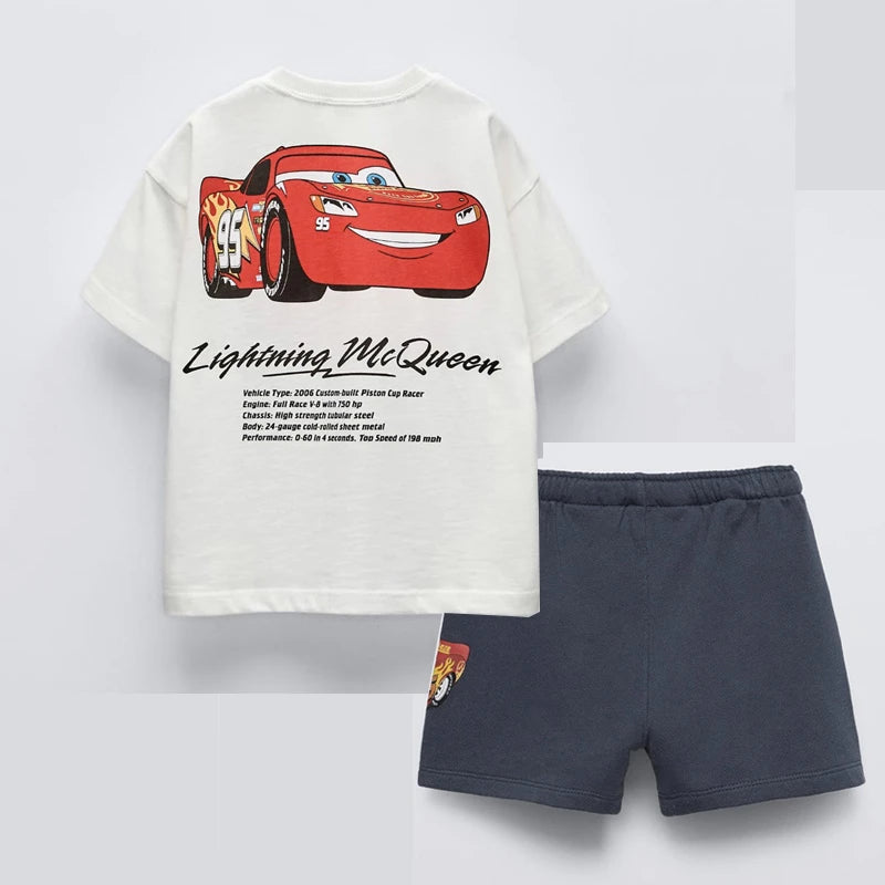 Car Tshirt+Shorts Two Piece Set Summer Clothing Boys Printed Tees Casual Sports Tees Black Shorts Trendy Costume Outer Wear