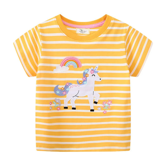 Jumping Meters 2-7T Unicorn Girls T Shirts Summer Children's Clothing Striped Short Sleeve Kids Tees Tops Baby Clothes Shirt