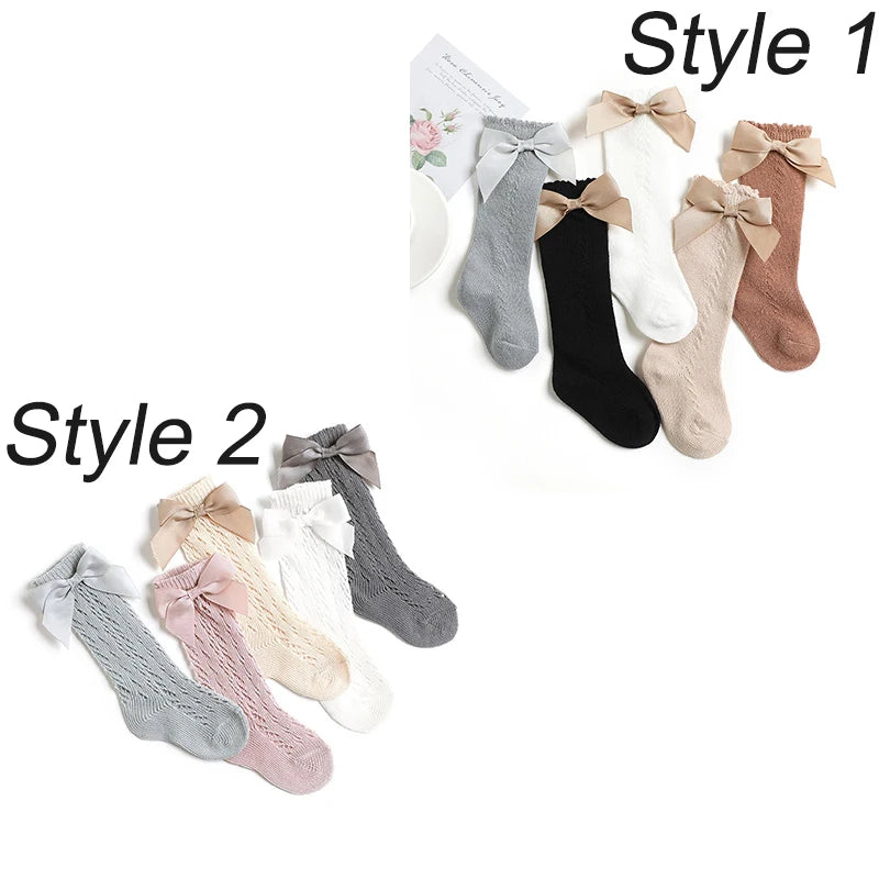 2023 New Kids Knee High Socks Baby Girls Boys Bow Long Sock Soft Cotton Mesh Breathable Children Hollow Out Socken For 0-7 Years