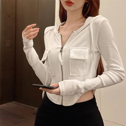 Spring Y2K Fishbone Corset Pink Tops Women Zip Up Crop Hoodie Drawstring Slim Fit Sweet Sweatshirt Long Sleeve Cropped Tees