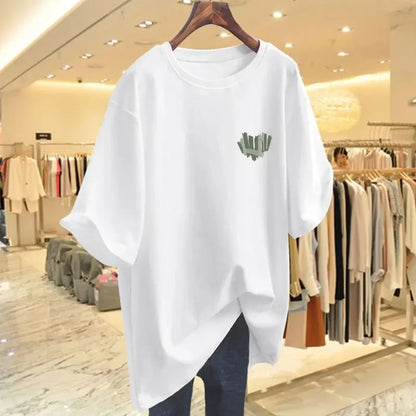 Women's Fashion Loose T-shirt Summer New Loose O-neck Pure Cotton Short Sleeve Pullover Lady Basics Top Tee