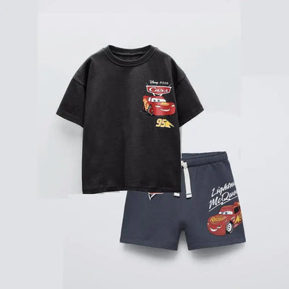 Car Tshirt+Shorts Two Piece Set Summer Clothing Boys Printed Tees Casual Sports Tees Black Shorts Trendy Costume Outer Wear