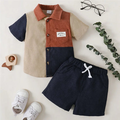 2PCS Clothes Outfit Kids Boy Fashion Color Block Short Sleeve Top+Shorts Summer Gentleman Clothes Set for Children Boy 1-6 Years