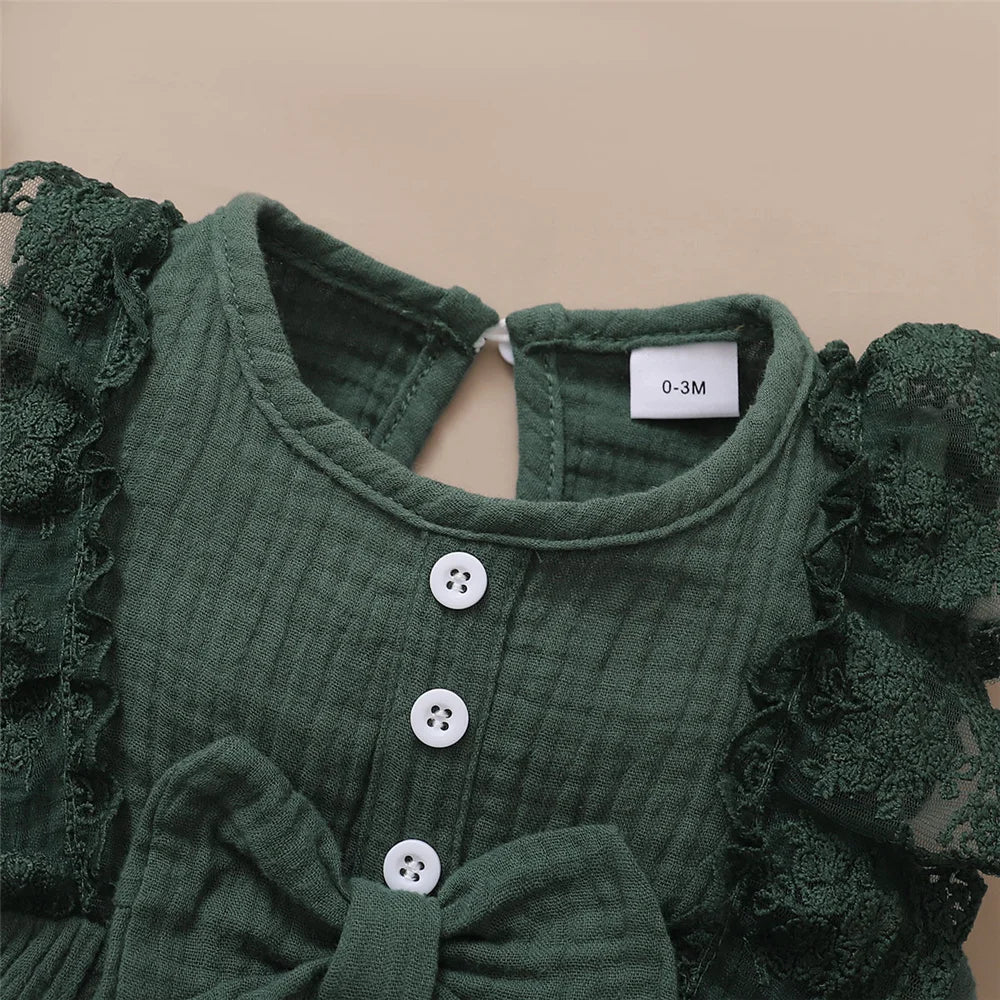 0-18 Months Old Newborn Solid Color Sleeveless Round Neck Lace Edge Bow Romper+Headband Baby Girl Summer New Casual Jumpsuit