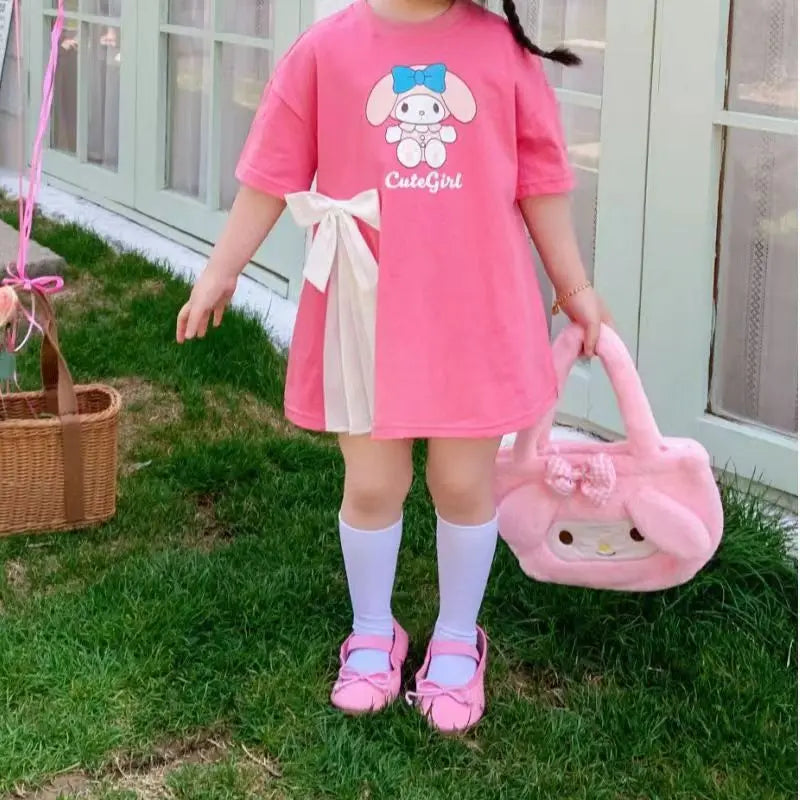 Toddler Girls Short Sleeve T-shirt Cute Sanrio Hello Kitty Kuromi Melody Casual Princess Dress For Party Kids Summer Clothes