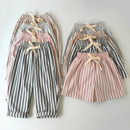 Retro Hemp Cotton Striped Boys' Pants with A Casual and High-end Design Elastic Waist Girls' Clothing Children's Pants