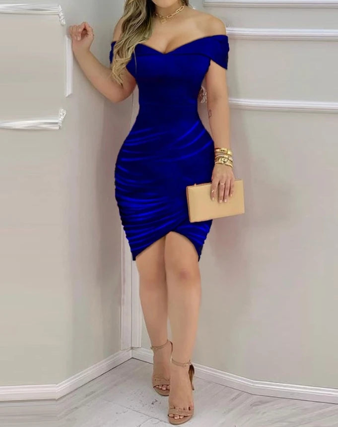 Elegant Women's Dresses 2024 Luxury One Shoulder Short Sleeve High Waist Sexy Wrinkle Bodycon Dress Velvet Ruched Party Dress