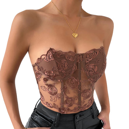 Newest Arrival Women Bustier Tube Tops Embroidery Flower See Through Off Shoulder Tank Tops for Daily Club Party