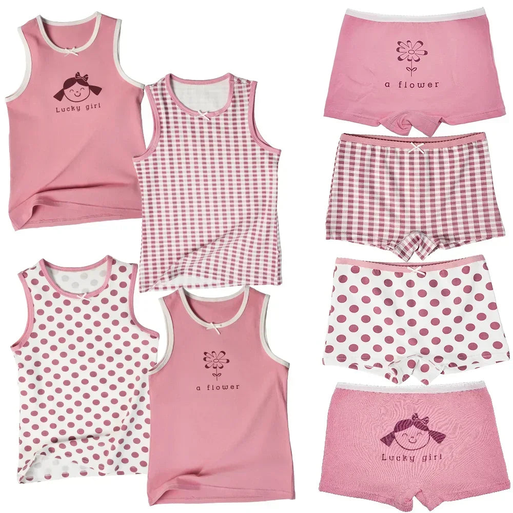 Pink Kids Clothes Set 8pcs Girls Vest Suit Childrens Clothing Set Baby Cotton T-Shirts Shorts Quick Dry Sleeveless Tank Top 2024