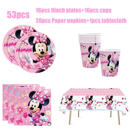 Minnie Mouse Birthday Party Decorations Tableware Set Birthday Decorations Full Set Pink Balloons Banner Candy Box Kids Favors