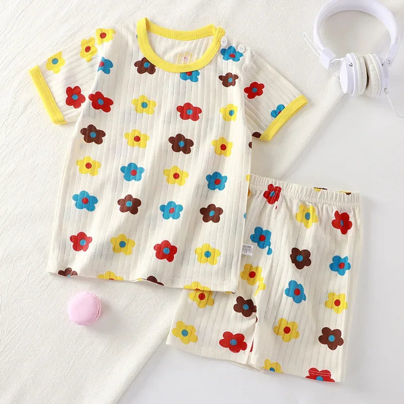 New Kids Boys Girls Summer Clothing Sets Children Cute Cartoon Print Short Sleeve T-Shirt Tops with Shorts Toddler Baby Pajamas